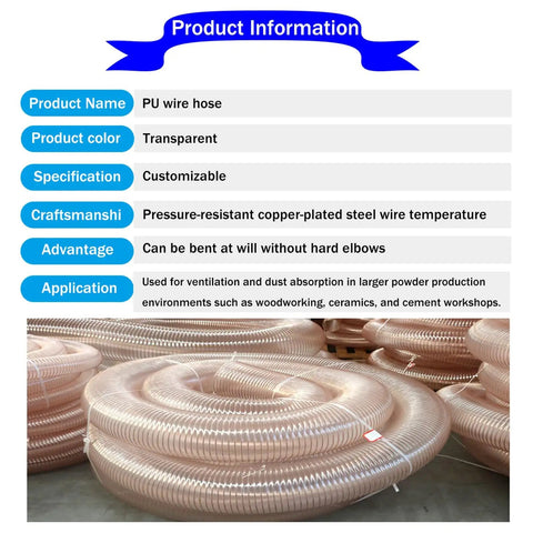 Heavy Duty Workhorse Air Duct Hose For Woodworking Dust Collection Debris Management With Reinforced Steel Wire Core For Kink Free Flex Flow And Rock Solid Shop Performance in transparent PU material.