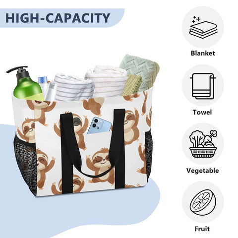 Sloth Print Beach Tote With Cool Sunglasses For Women And Girls Large Lightweight Canvas Tote Bag with items inside, high capacity