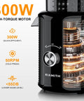 Kiamith 300W Cold Press Juicer With Huge 5.8 Inch Wide Feed Chute, showcasing a high-torque motor and control panel.