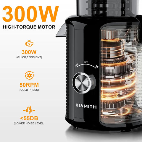 Kiamith 300W Cold Press Juicer With Huge 5.8 Inch Wide Feed Chute, showcasing a high-torque motor and control panel.