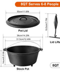 Preseasoned Cast Iron 8 Qt Dutch Oven With Lid For Outdoor Camping Campfire Grilling Oven And Stovetop Cooking Includes Lid Lifter