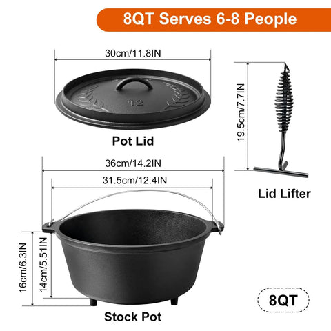 Preseasoned Cast Iron 8 Qt Dutch Oven With Lid For Outdoor Camping Campfire Grilling Oven And Stovetop Cooking Includes Lid Lifter