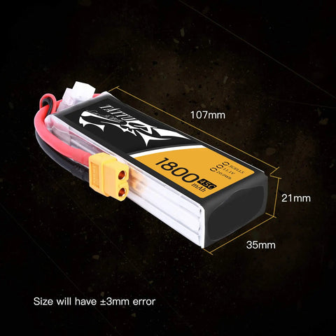 11.1V 1800mAh 3S 45C LiPo Battery Pack With XT60 Plug For FPV Drones And RC Helis, dimensions 107x35x21mm
