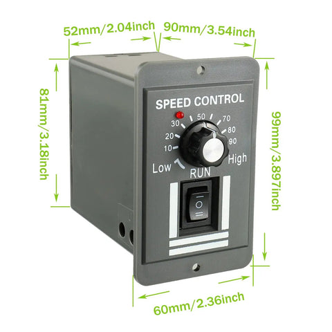 Front view of DC Motor Speed Controller 12V To 60V, 20A Adjustable PWM With Forward And Reverse Switch for DC Brush Motors with dimensions.