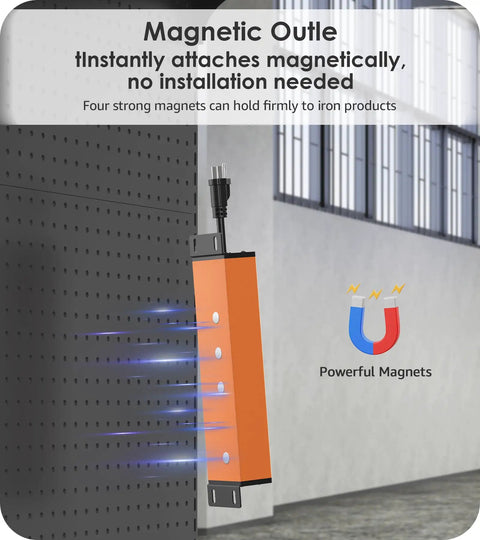 Magnetic Heavy Duty Power Strip With Four Outlets And 20 Amp Individual Switches And Master Switch 12 Gauge Extension Cord Six Foot Length Wall Mountable Surge Protector For Garage And Industrial Use Bright Orange attached to a wall with magnets