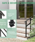 2 Pack Rock Solid Outdoor Step Handrails For Stairs, Adjustable Heavy Duty Steel Porch Railing With Super Grippy Non Slip Handle, Dang Safe For Seniors And Backyard Decks, No Fuss Install Black, showing sleek design and adjustable ends.