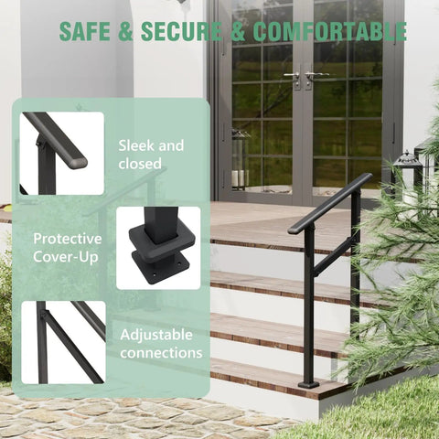 2 Pack Rock Solid Outdoor Step Handrails For Stairs, Adjustable Heavy Duty Steel Porch Railing With Super Grippy Non Slip Handle, Dang Safe For Seniors And Backyard Decks, No Fuss Install Black, showing sleek design and adjustable ends.