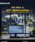 Argomar certification display with computer workstation, highlighting ISO 9001 and IATF 16949 compliance in industrial setting