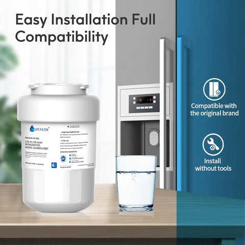 Premium Refrigerator Water Filter Replacement For MWF Series And Compatible Models 3 Pack on counter beside fridge