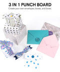 No Stress 3 In 1 Envelope Punch Board And Gift Box Maker For DIY Scrapbooking features decorated boxes, envelopes, and bows.