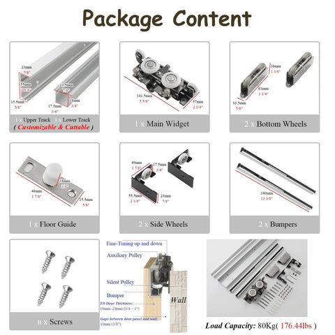 Package contents of Hidden Sliding Door Hardware Kit With Soft Close, Slick Modern Bypass Pocket Door System, Invisible Hanger