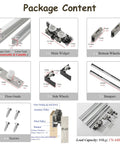 Package content for Top Shelf Soft Close Barn Door Hardware Kit With Invisible Ghost Track includes tracks, wheels, and screws.