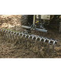 Landscape Rake Attachment For ATV Or UTV, 60 Inch Wide With 17 Tines, Heavy-Duty Yard Leveler shown mounted on ATV preparing soil