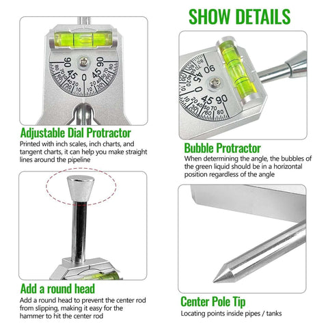 Pipe center finder punch tool with adjustable dial protractor and bubble protractor, center pole tip, and metal hammer
