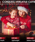 Woman and child using Cordless Electric Scissors 4V Multi Cutter With Carry Case 2000mAh Cardboard Cutter for gift wrapping.