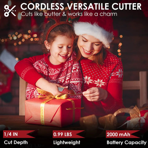 Woman and child using Cordless Electric Scissors 4V Multi Cutter With Carry Case 2000mAh Cardboard Cutter for gift wrapping.