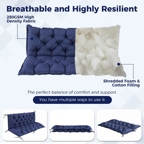Waterproof Porch Swing Cushions For Outdoor Furniture Navy Blue 60x40x4 Inch 3 Seater Bench Seat Cushions For Patio Glider Settee Loveseat Wicker Easy Clean Fade Resistant shown with breathable high-density fabric and foam filling
