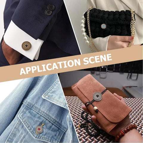 Flower Snap Button Kit With 16 Sets In 8 Styles Vintage Metal Flat Round Floral Fasteners For Sewing DIY Crafts Garment Making Mixed Color Alloy Buttons For Clothes And Decorations. Applied on blazer, bag, jeans, and wallet.
