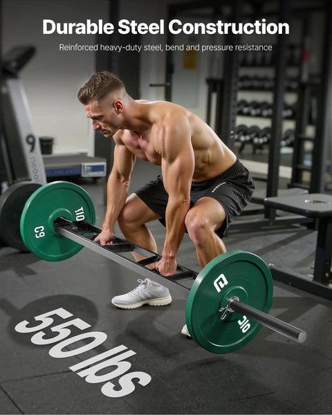 A person lifting Heavy Duty 2 Inch Swiss Bar With Three Grip Positions Built To Last, Supports Up To 550 Lbs, in a gym setting.