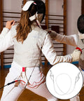 Two Pack Fencing Head Line Connectors and Foil Cord Clips used during a practice bout in a gym setting