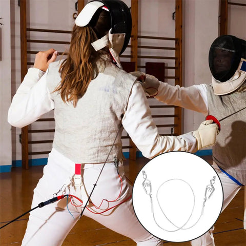Two Pack Fencing Head Line Connectors and Foil Cord Clips used during a practice bout in a gym setting