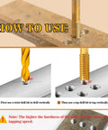Step-by-step guide showing Heavy Duty One Quarter Inch 20 UNC Tap And No 7 Drill Bit Kit For Metalworking instructions on steel.