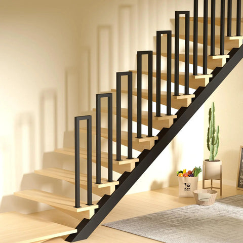 Heavy Duty U Shaped Staircase Handrail For Indoor And Outdoor Use At Three Foot Height with solid black metal supports and wooden steps.