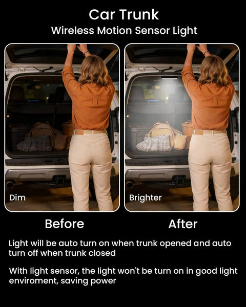 Before and after use of Wireless Car Interior Lights 2 Pack With Motion Sensor Rechargeable 1500mAh Dome Roof Ceiling Light in car trunk.
