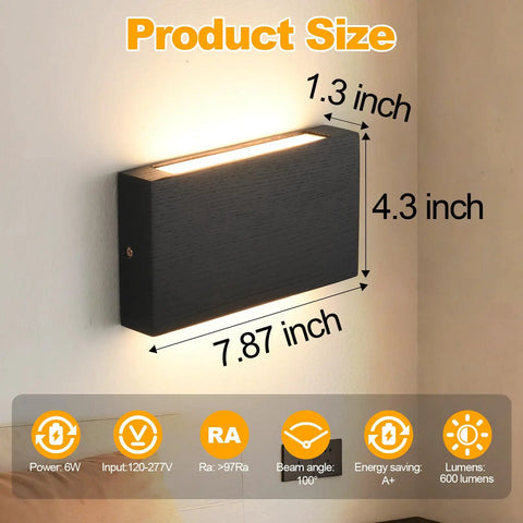 Modern Wood LED Linear Wall Sconce, Mini Up Down Wall Mount Light,Hardwired,UL Listed,Wood Wall Lighting Fixture for Bedroom, Living Room,Stairway, Hallway, (Black) 2 Pack with size dimensions shown.