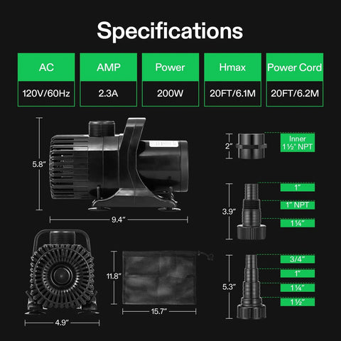Specifications of 2600 GPH Submersible Water Pump With Barrier Bag Ultra Quiet 200W For Pond Waterfall Fish Tank Hydroponics Statuary