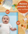 Zero Drama Disposable Underpads 30 x 30 Inch 50 Count Light Absorbency bed pads shown with a baby on a soft surface for changing.