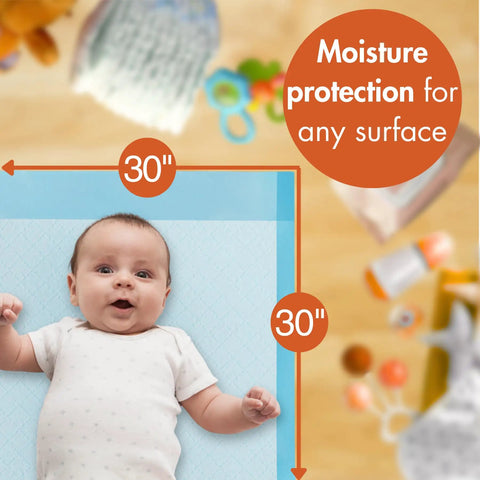 Zero Drama Disposable Underpads 30 x 30 Inch 50 Count Light Absorbency bed pads shown with a baby on a soft surface for changing.