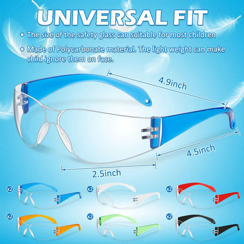 12 Pcs Kids Safety Goggles Bulk Eye Protection For Science Class Lab And Sports Youth Size Multicolor Scratch Resistant Polycarbonate Lenses With Durable Frames Kid Safe Ready For Any Activity in blue with measurements.