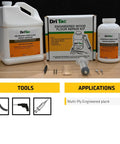 Engineered Wood Floor Repair Kit 32 Oz For Squeaks And Pops displayed with tools and applications on a wooden surface.