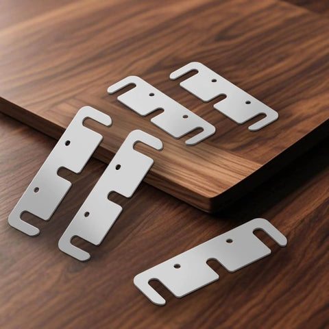 Door Hinge Shims 0.035 Inches, 15 Pack Laser Cut Stainless Steel Kit With Brushed Silver Finish displayed on wooden surface