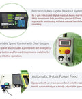 Jaryannix 1.5Kw Benchtop Mill Drill With Brushless Motor And 3-Axis Digital R8 Spindle Taper control panel showing precision gauges and emergency stop.