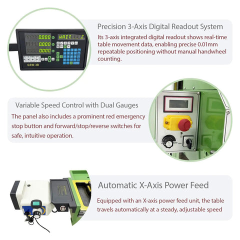 Jaryannix 1.5Kw Benchtop Mill Drill With Brushless Motor And 3-Axis Digital R8 Spindle Taper control panel showing precision gauges and emergency stop.