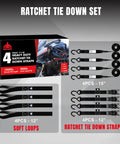Heavy Duty Ratchet Tie Down Straps Set 1500 Lb Break Strength 1 Inch By 15 Foot Includes 4 Soft Loops Black