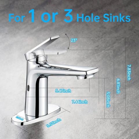 Hands Free Sensor Bathroom Faucet, Dual Temperature And Low Flow Water Control, 1 Or 3 Hole Mount, Chrome Finish with Specs