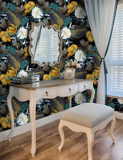 Vintage Floral Peel And Stick Wallpaper For Bedroom Easy Peel And Stick No Mess Removable Accent Wall Black Bronze Navy White 17.7x118 Inches Durable Matte Finish on bedroom wall with vanity and mirror.