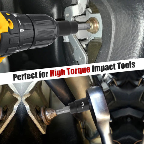 13 Piece Torx Bit Socket Set For 1/4 Inch, 3/8 Inch, And 1/2 Inch Drives T8 To T60 with drill and wrench in use