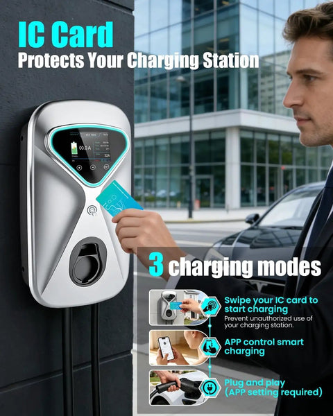 Person using RFID card with Fast Level 2 EV Charger 48 Amp 11.5kW 240V With NEMA 14-50 Plug 25ft J1772 Cable on building exterior.