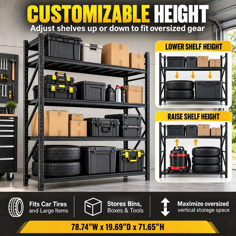 Heavy Duty Garage Shelving Unit Built From Tough Industrial Steel With A Rock Solid 4000 Pound Capacity that stores bins and tires.