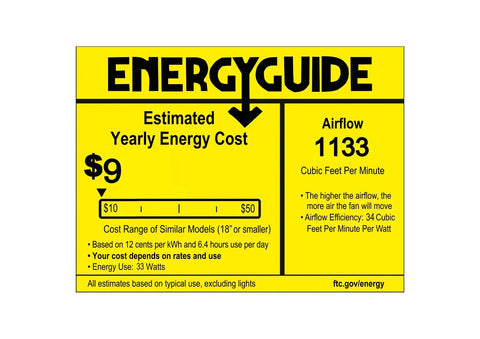 Energy guide label for 42 Inch Retractable Bladeless Ceiling Fan With LED Lights Remote Control, energy cost $9, airflow 1133 CFM.