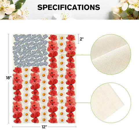Colorlife Myosotis Poppy Memorial Day Garden Flag 12x18 Inch Double Sided Outdoor Yard Flag For Patriotic American Pride Decor Weather Resistant Durable Polyester Front Porch Ready, flag design with poppies and myosotis, detail view of fabric texture.