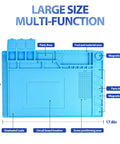 Heat Resistant Silicone Soldering Pad For Electronics Workstation With Anti Static Surface Magnetic Area And Built In Screw Storage 932F Safe 17.7x11.8 Inch Solder Mat Perfect For BGA Soldering And Repair Jobs, showing features and dimensions.