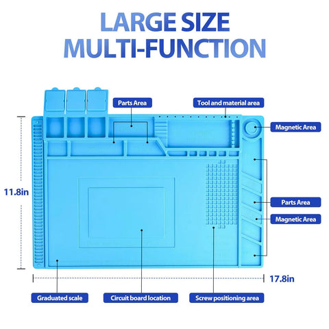 Heat Resistant Silicone Soldering Pad For Electronics Workstation With Anti Static Surface Magnetic Area And Built In Screw Storage 932F Safe 17.7x11.8 Inch Solder Mat Perfect For BGA Soldering And Repair Jobs, showing features and dimensions.