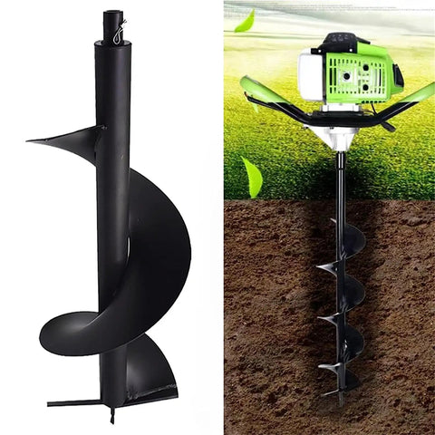 Beefy Heavy Duty Auger Drill Bit Six Inch By Thirty One Inch For Post Holes Earth Digger Planting Fence Hole Maker Machine Fits Shaft Size Three Quarters Inch displayed with drill attached