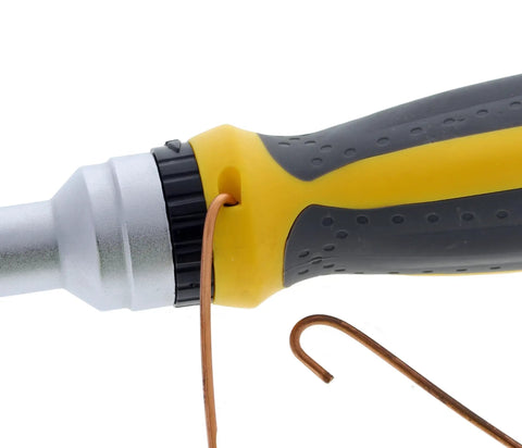 Twist-A-Nut 21-In-1 Ratcheting Multi-Bit Screwdriver handle showing wire loop hole with copper wire for fast wiring