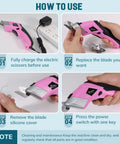 How to use Cordless Electric Scissors For Cardboard And Fabric With Two Blade Types, Rechargeable Power Shears, in pink.